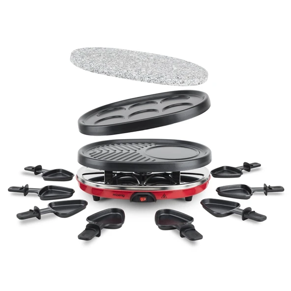 H.Koenig RP412 Raclette makinesi 4'ü 1/8 kişilik/raclette, doğal taş ızgara, krep tabağı ve ızgara tabağı/8 tavalı/900 W/siyah/kırmızı ürün görseli 1