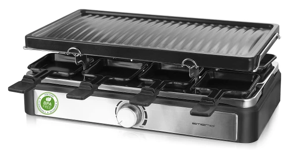 8 kişiye kadar 8 ızgara tavalı Emerio Raclette ızgara, kademesiz termostat, yapışmaz kaplama, 42x23 ızgara yüzeyi, BPA içermez, 1300 watt, tüm aile veya arkadaşlarla eğlence RG-125176 ürün görseli 1