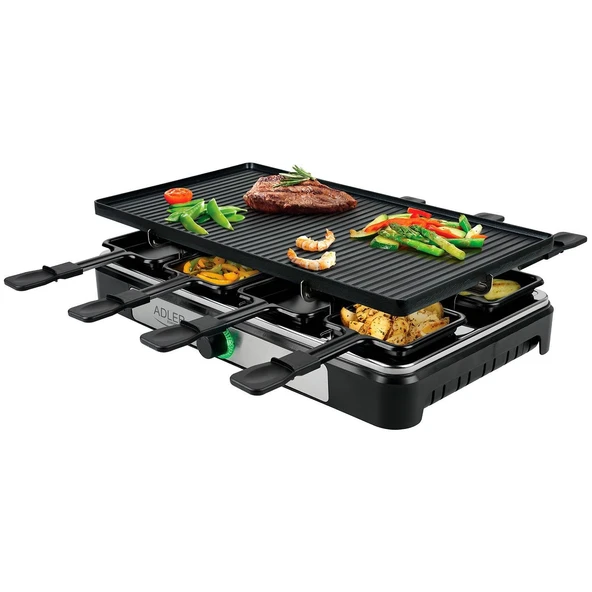 ADLER AD6616 - Tavalarla birlikte elektrikli raclette ızgara - 8 kişilik modern tarzda dumansız barbekü - Geniş ızgara yüzeyi - Elektrikli ızgara ızgarası - yiyecekleri kızartmak için ürün görseli 1