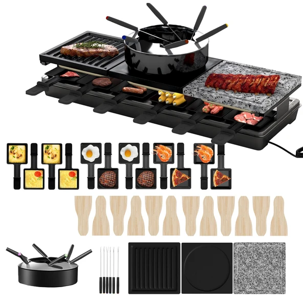 UISEBRT 12 kişilik Raclette ızgara, tavalı 3'ü 1 arada raklette cihazı, fondü seti, sıcak taş, 12 tava ve 12 tahta spatula, yapışmaz kaplamalı ızgara plakalı raclette ızgara, 1650W ürün görseli 1