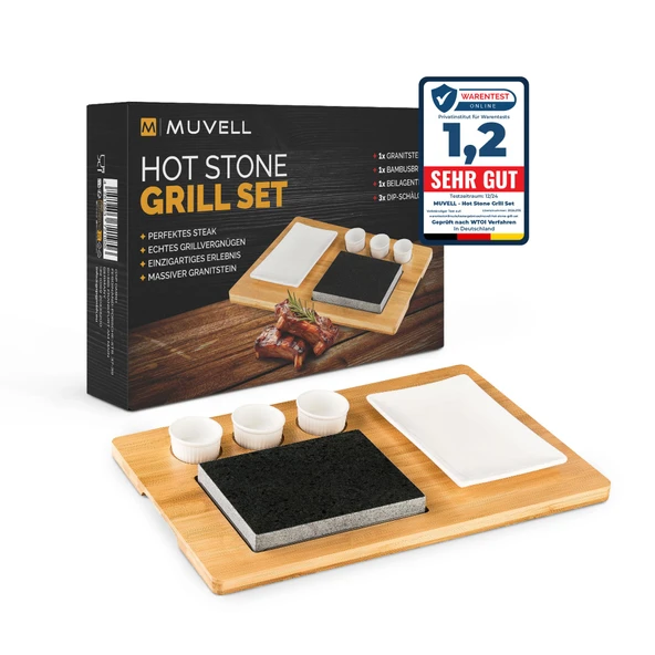 Muvell Hot Stone - Steak Stone - Bambu Ahşap Tahtalı Granit Taştan Sıcak Taş Tabak ve Yan Kaseler Dip Kaseler Sos Kaseleri (Beyaz) ürün görseli 1