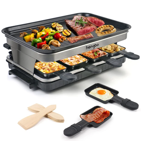 Raclette 8 kişilik ızgara plakası yapışmaz kaplamalı Raclette ızgara 4 6 kişilik, 8 mini raclette tava ve 4 tahta spatula Kademesiz olarak ayarlanabilen sıcaklık 1500W paslanmaz çelik ürün görseli 1