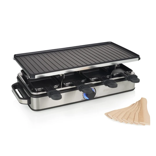 Princess Raclette Grill Deluxe - Ters çevrilebilir ızgara plakası, paslanmaz çelik gövde, 8 kişilik, 1400 watt, termostat, 42x21 cm, 162645 ürün görseli 1