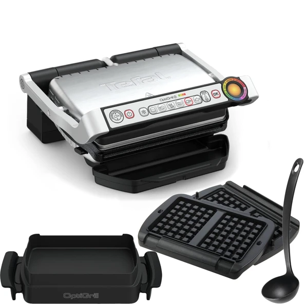 Tefal OptiGrill+ elektrikli kontaklı ızgara + XA7238 waffle plakaları, kepçe XA7258 atıştırmalık ve pişirme fırın tepsisi, 6 ızgara programı, paslanmaz çelik ürün görseli 1