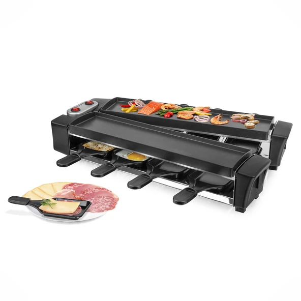 Yüksek kaliteli döküm plakalı EMERIO Raclette | Cihaz katlanabilir | ILAG®'dan 2x 40,6x10cm PFAS içermeyen yapışmaz kaplama | temizlemesi kolay | 8 tava | 2,00m kablo | RG-132098.2 ürün görseli 1