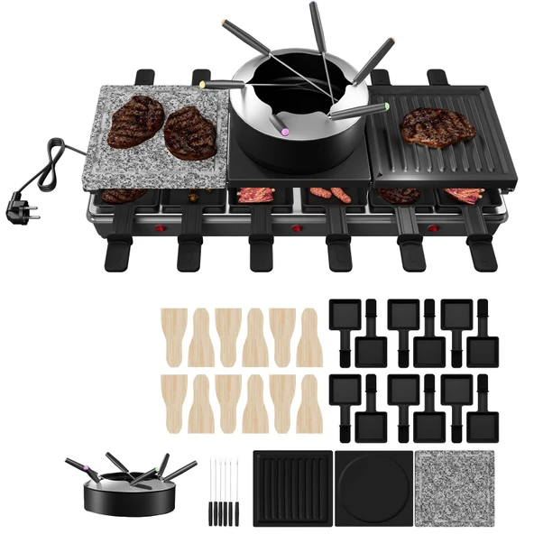 LZQ 12 kişilik fondülü Raclette ızgara, 1650W, ikili ve üçlü ısı ayarları, doğal ızgara taşı ve yapışmaz ızgara plakası, 12 tavalı masa ızgarası, fondü seti, elektrikli parti ızgarası ürün görseli 1