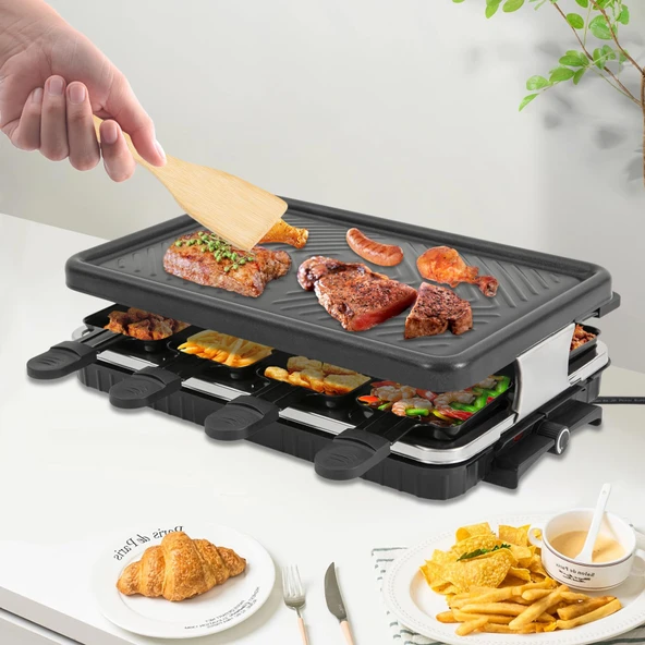 Elektrikli Izgara Raclette 2 Kişilik, 1300W Taşınabilir Elektrikli Izgara Masa Izgarası, Çıkarılabilir Izgara Plakası ve 8 Küçük Tava ile, Dış Mekan/İç Mekan Izgara ve Pişirme için, 230°'ye kadar ürün görseli 1