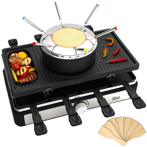 Fondü seti ile Raclette ızgara | 8 kişilik masa ızgarası | Masif doğal taşlı ve kaplamalı ızgara plakalı elektrikli raclette ızgara | Paslanmaz çelik ısıtma elemanı ürün görseli 1