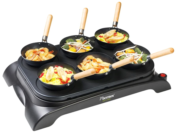Bestron elektrikli parti wok seti, 6 kişilik mini wok tavalı masa ızgarası, 6 ahşap spatula ve 1 kepçe dahil, 1000 watt, renk: siyah ürün görseli 1