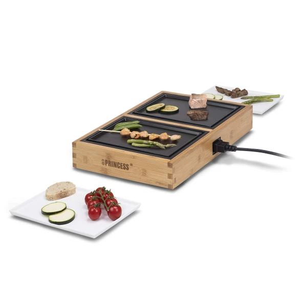 Princess Dinner4Bambu, raclette, 2 ızgara ve 2 servis tabaklı iki masa ızgarası, 420 W, 2 m kablo uzunluğu, 104020 ürün görseli 1