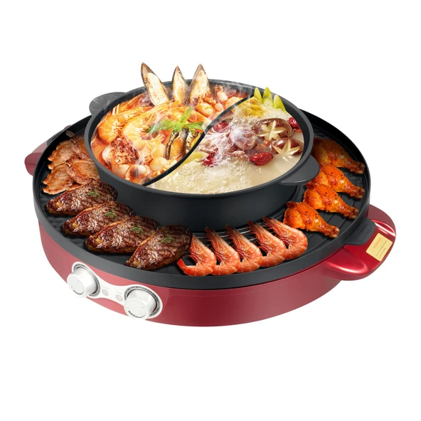 Hanmorfarbi 44cm Shabu Shabu Hepsi Bir Arada Elektrikli Izgara, 29cm Mandarin Ördeği Shabu Shabu Wok, Dumansız Izgara Tavası, 2200w Hızlı Isıtma, Otomatik Kapanma (Kırmızı) ürün görseli 1