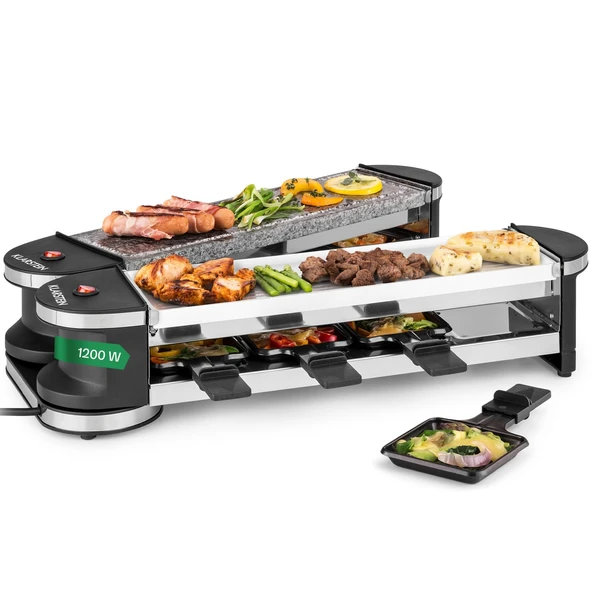 İncelikle eriyen lezzetli peynir, 2 ızgara yüzeyli Klarstein raclette masa ızgarası, 8 tava ve kazıyıcı, 1200 W raclette ızgara ile kendinizi şımartın ürün görseli 1