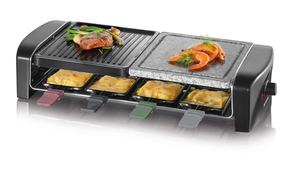 Doğal ızgara taşlı ve ızgara plakalı SEVERIN raclette ızgara, yapışmaz kaplamalı ızgara plakalı raclette, 8 kişilik masa ızgarası, maks. 1.400 W, paslanmaz çelik / siyah, RG 9645 ürün görseli 1