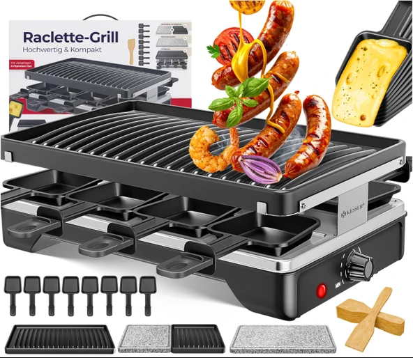 Doğal ızgara taşlı KESSER® raclette ızgara, 8 kişilik ızgara plakası masa ızgarası, elektrikli ızgara raclette ızgara yapışmaz kaplamalı ızgara plakası, 8 tava ve ahşap spatula 1200W ürün görseli 1