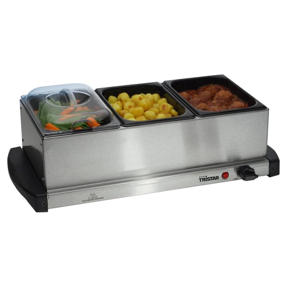 Tristar paslanmaz çelik büfe ısıtıcısı - ayarlanabilir termostatlı, 3 x 1,5 L büfe kabı, ısıtma plakası olarak kullanılabilir (200 watt), BP-2979 ürün görseli 1