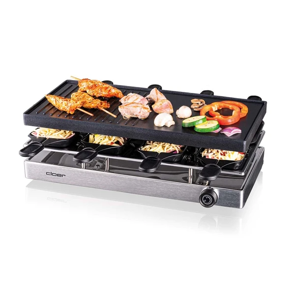 Cloer 6458 raclette ızgara, döküm alüminyum plakalı, 1200 W, 8 yapışmaz kaplamalı raclette tava, plastik spatula, ısıtmasız park alanı, alüminyum ürün görseli 1