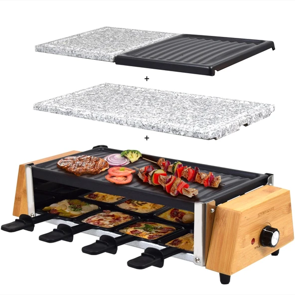 Syntrox Germany RAC-1200W-Murten Raclette, ahşap tasarımlı, bölünmüş plakalı, sıcak taşlı ve ızgara plakalı, ağırlık: 7,5 kg ürün görseli 1