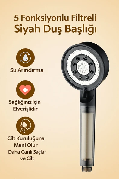 5 Fonksiyonlu Çelik Su Tasarruflu Filtreli Turbo Jet Duş Başlığı Siyah ürün görseli 1
