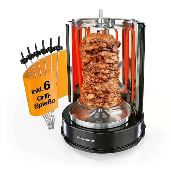 GOURMETmaxx kebap ızgarası | kebap, jiroskop, şiş kebap için dikey elektrikli ızgara | Merkezi şiş ve 6 ilave şiş ile elektrikli ızgara, şiş kebap ızgarası olarak da kullanılabilir ürün görseli 1