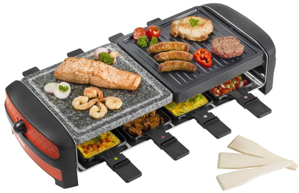 Bestron Izgaralı ve taş plakalı yapışmaz kaplamalı raclette, 8 kişiye kadar, 1400 W, kırmızı/siyah ürün görseli 1