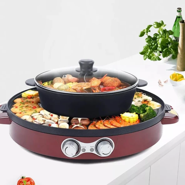 2200W Güveç Barbekü 2'si 1 Arada Elektrikli Güveç ve Raclette Izgara Güveç Çok Fonksiyonlu Izgara Ev için Temizlemesi Kolay, Güveç Tencere ve Izgara Tabağı (Kırmızı) ürün görseli 1