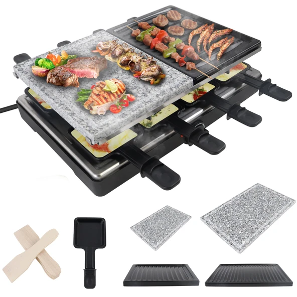 SUBTLETY Raclette 8 kişilik 1400W elektrikli ızgara seti, granit ızgara plakası, yapışmaz kaplamalı tava ters çevrilebilir plaka, 8 küçük tepsi ve 8 ahşap spatula, çift katmanlı masa ızgarası ürün görseli 1