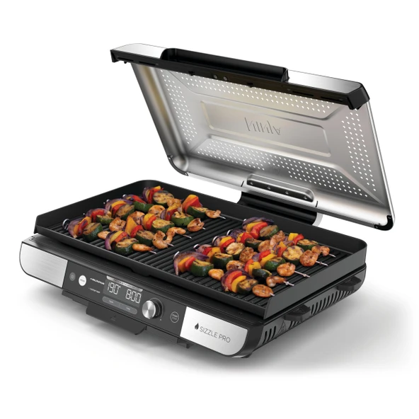 Ninja Sizzle Pro XL İç Mekan Izgarası ve Plancha, yapışmaz seramik kaplamalı ızgara plakası ve üst plancha dahil, çıkarılabilir kapak, yağ damlama tepsisi ve tarif kitapçığı, gümüş/siyah GX101EU ürün görseli 1