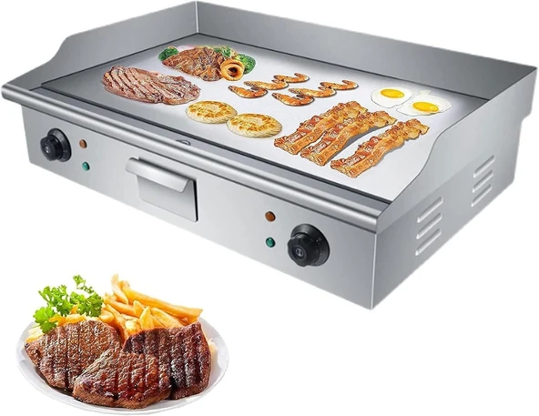 Ticari Elektrikli Tezgah Üstü Izgara, Düz Izgara, Ocak Gözü, Barbekü, 4400W Teppanyaki Paslanmaz Çelik Izgara, Çift Sıcaklık Kontrollü 50-300 °C ve Mutfak ve Restau için Yağ Sızıntı Deliği ürün görseli 1