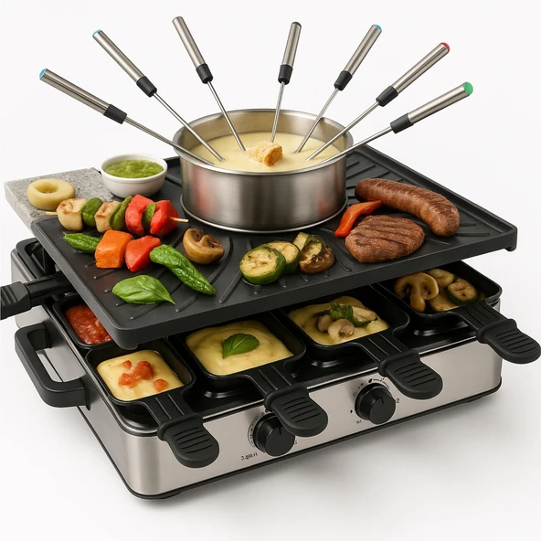 8 kişilik Raclette seti - ızgara plakası ve fondü kabı fonksiyonlu - tava ve kazıyıcı dahil masa ızgarası (fondü seti). ürün görseli 1