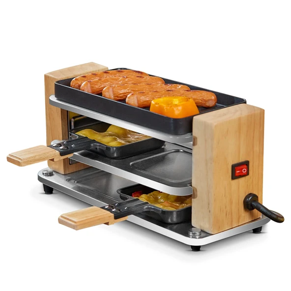 COKLAI 2 kişilik Raclette ızgara, yapışmaz kaplamalı çizgili ızgara plakalı, 2 tavalı ve ahşap spatulalı mini ızgara raclette, doğal ahşap raclette 300 watt ürün görseli 1