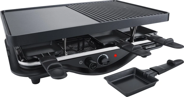 Steba cast raclette RC 28, eşit ısı dağılımı için döküm alüminyumdan yapılmış yapışmaz kaplamalı ızgara plakası, kolay temizlik için 8 yapışmaz kaplamalı tava, kademesiz sıcaklık kontrol cihazı ürün görseli 1