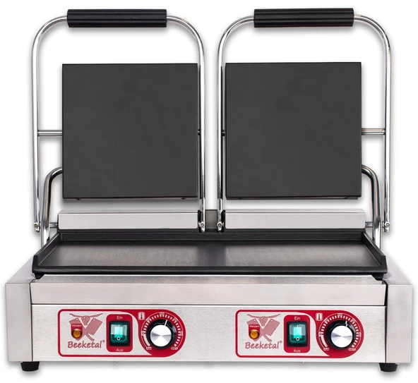 Beeketal 'BKG9' gastro çift kontaklı ızgara dökme demir ızgara patlı (pürüzsüz üst ve alt),yağ damlama tepsili,panini ızgara makinesi sandviç ekmek kızartma makinesi paslanmaz çelik elektrikli ızgara ürün görseli 1