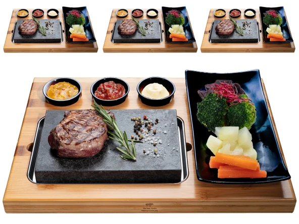 BEEFSTONE Sıcak Taş Lava Taş Biftek Tahtası Sıcak Taş Taş Izgara Seti Bambu Tahtadan Yapılmış Lavataşı ve Porselen Tabak Sıcak Taş Üzerinde Et, Balık Izgara (4 x Uno Black) ürün görseli 1