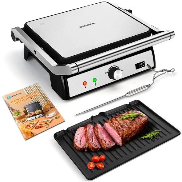 Aigostar Panini Izgara, besin termometreli sandviç ekmek kızartma makinesi, temaslı ızgara, çıkarılabilir yapışmaz plakalar, 2000 W, otomatik sıcaklık kontrolü, 180° düz katlanabilir, Max Pro ürün görseli 1