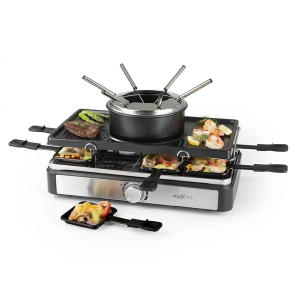 MAXXMEE Raclette ve Fondü Seti | Fondü kabı için entegre ısıtma bölgeli yapışmaz kaplamalı ızgara plakası Az yağlı ızgara ve kolay temizlik | 8 raclette tavası ve 6 fondü çatalı ile ürün görseli 1