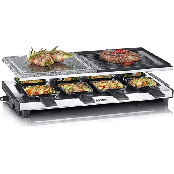 Doğal ızgara taşlı ve ızgara plakalı SEVERIN raclette ızgara, yapışmaz kaplamalı ızgara plakalı raclette, 8 kişilik masa ızgarası, maks. 1.700 W, paslanmaz çelik / siyah, RG 2373 ürün görseli 1
