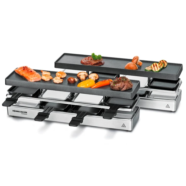 ROMMELSBACHER RC 1600 4+4 için Raclette ızgara eğlencesi (masa ızgarası, 8 kişilik, genişletilebilir, park alanı, Xylan Plus yapışmaz kaplamalı döküm alüminyum ızgara plakası, 1460 W) gümüş ürün görseli 1