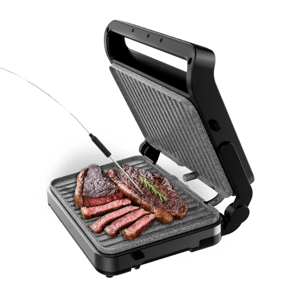 Cecotec elektrikli ızgara Rock'nGrill 2000 PerfectCook. 2000 W, sıcaklık sensörü, dokunmatik kontrol, çift sıcaklık, 105 °C açılabilir, yağ toplama, çıkarılabilir plakalar, 30x23 cm, paslanmaz çelik ürün görseli 1