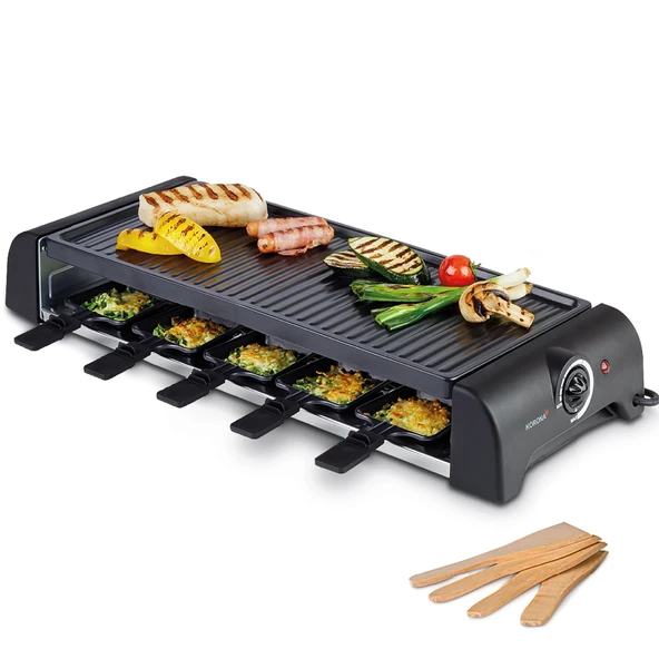 Korona 45060 Raclette 10 kişilik | XXL raclette, 10 tava ve tahta spatulayla | Yapışmaz ızgara plakası | Uzun kablo 1,2 m | 1500 watt, siyah ürün görseli 1