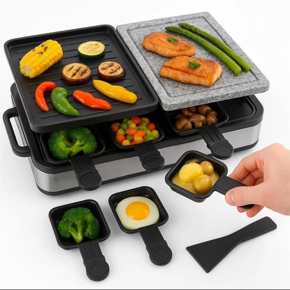 Raclette 8 kişilik set - masa ızgarası ve ızgara plakası ve taş tabak fonksiyonlu - tava ve kazıyıcı dahil - 1400 watt - KARE ürün görseli 1