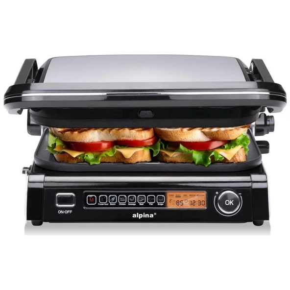 alpina temaslı ızgara - Optigrill 2100W - sandviç makinesi - panini ızgara - sebze, ekmek ve et için çoklu ızgara - yapışmaz kaplamalı masa ızgarası - akıllı pişirme modu - BPA içermez - siyah ürün görseli 1