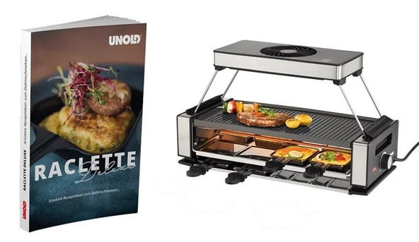 Unold 487859 Raclette Dumansız dahil. 50 tarif içeren Raclette tarif kitabı | 8 kişilik dumansız raclette ızgara, davlumbaz, ters çevrilebilir yapışmaz ızgara plakası, paslanmaz çelik/alüminyum, 1200W ürün görseli 1
