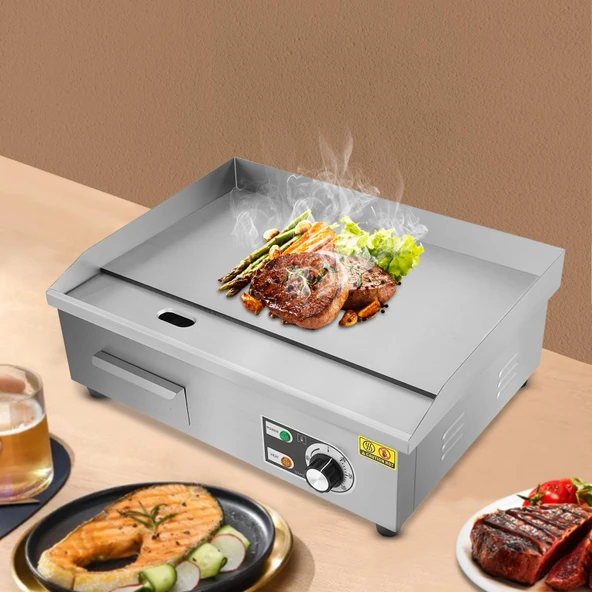 Apriltop 3000W 220V paslanmaz çelik elektrikli ızgara, yağ toplama hazneli (0,5L), sıcaklık aralığı 50-300°C, 55 * 43 * 24Cm tezgah üstü ızgara plakası, sac kalınlığı 8mm ürün görseli 1