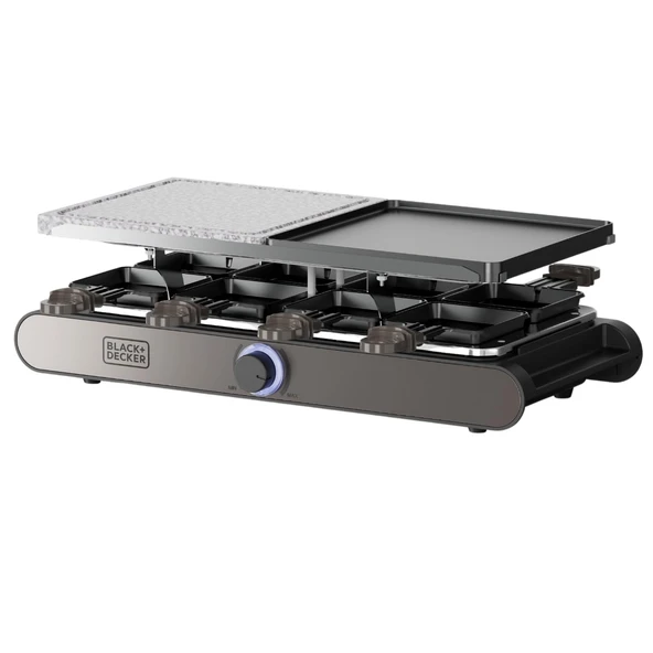 Siyah+Decker – Raclette| 8 kişi| Tabaklar 21 x 21 cm| Ayarlanabilir sıcaklık| 1400W| Ters çevrilebilir ve yapışmaz plaka| Doğal taş| Aksesuarlar dahildir| PFOA içermez ürün görseli 1