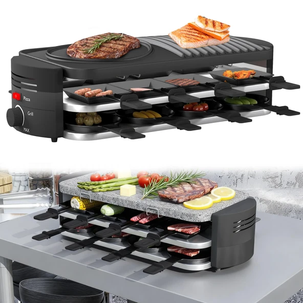 Doğal ızgara taşı ve yapışmaz ızgara plakasıyla 8 kişilik YRHome Raclette ızgara, 8 tavalı 1600W elektrikli masa ızgarası - peynir, et ve sebzeler için ideal parti ızgarası ürün görseli 1