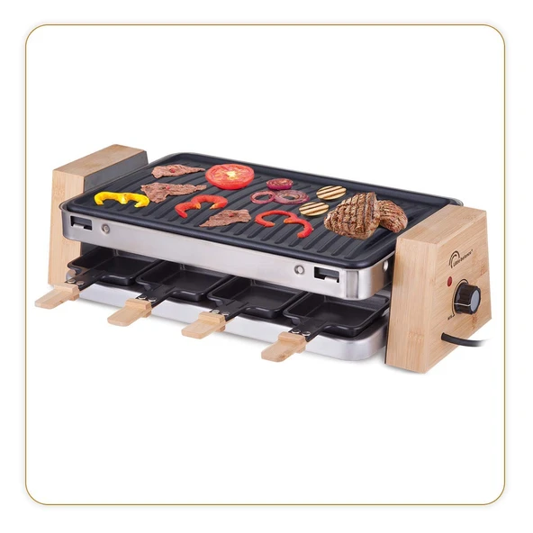 LITTLE BALANCE 8388 Raclette Wood 1500-8, Raclette/Grill 8 kişi, tek cihazda 2 işlev, yapışmaz kaplama, dahili aksesuarlar, 1500 W, gerçek bambu ürün görseli 1