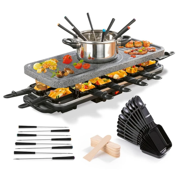 GOURMETmaxx Raclette & Fondü Kombini XXL 12 kişilik | Tavalar, fondü seti ve sıcak taşlı 3'ü 1 arada raclette ızgara | Yapışmaz kaplamalı ızgara plakalı elektrikli masa ızgarası [1600 watt] ürün görseli 1