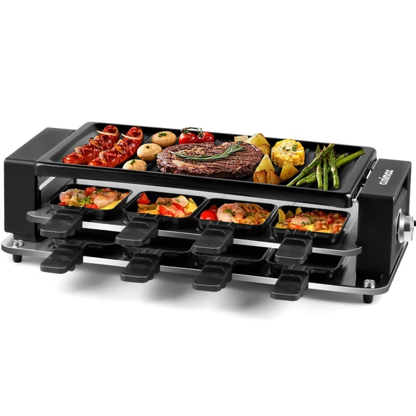 CUSIMAX Raclette ızgara, 8 kişilik kontrollü parti ızgarası, yapışmaz kaplamalı ızgara plakası, kademesiz olarak ayarlanabilir sıcaklık, 8 mini tava ve tahta spatula ürün görseli 1