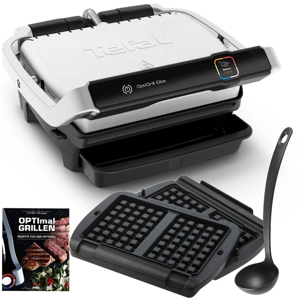 Tefal Optigrill Elite temaslı ızgara, ızgara güçlendirme fonksiyonlu waffle plakaları, kepçe ve tarif kitabı kapalı elektrikli ızgara 12 otomatik program dokunmatik ekran, 2000 watt, paslanmaz çelik ürün görseli 1