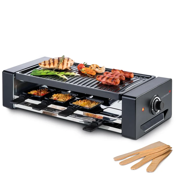 Korona 45070 Raclette 8 kişilik | 8 tava ve spatula | Ekstra tava rafı | Yapışmaz kaplamalı ızgara plakalı | Uzun 1,2m kablo | 1300 watt, siyah ürün görseli 1